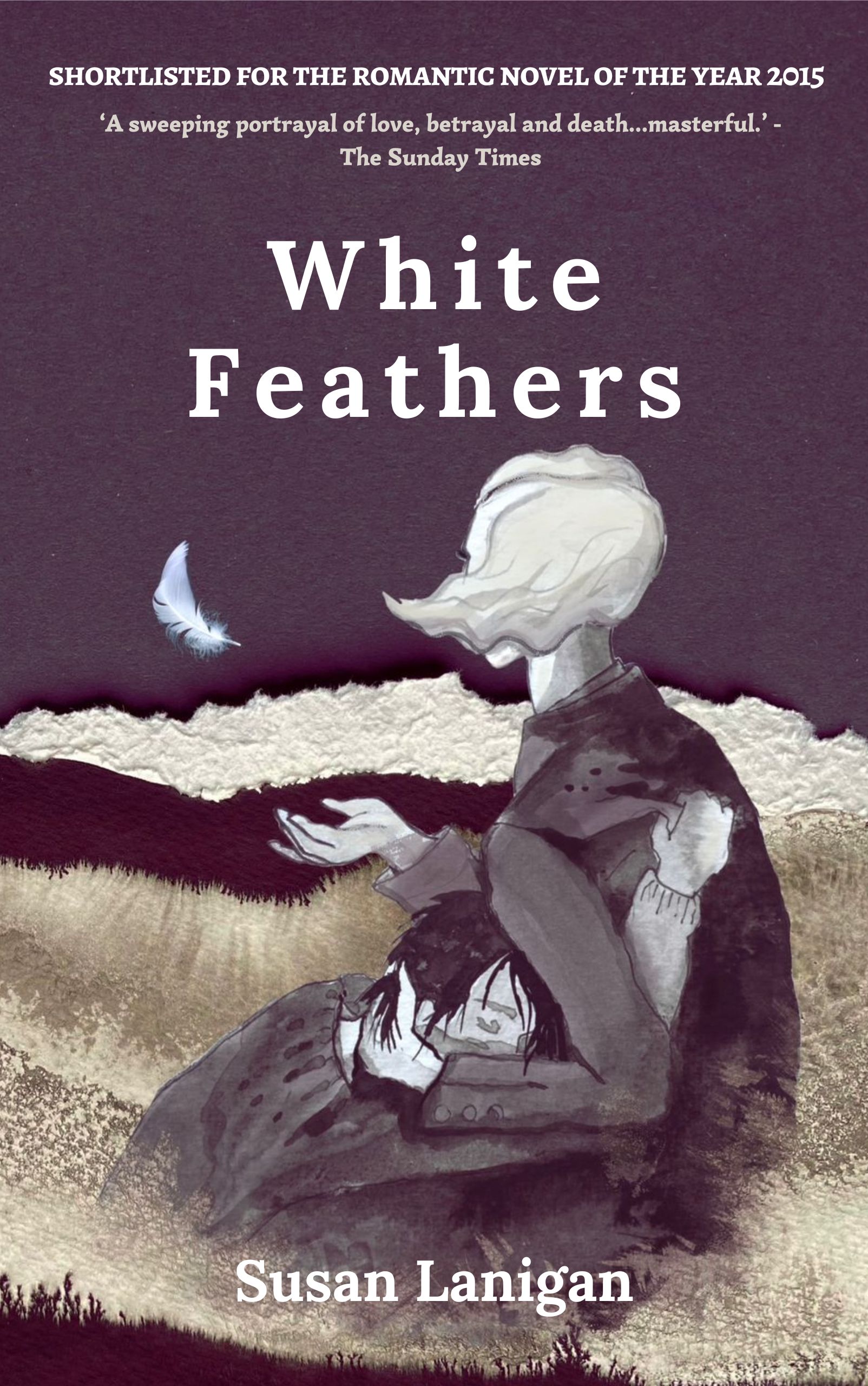 Cover of White Feathers. A young woman is kneeling while a man hides his head in her lap. Her hand releases a feather into the air.